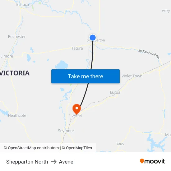 Shepparton North to Avenel map
