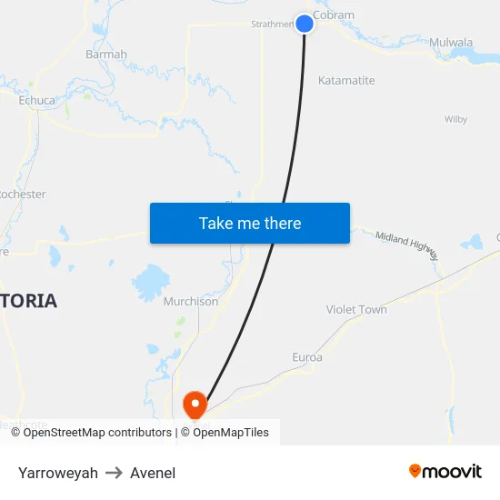 Yarroweyah to Avenel map