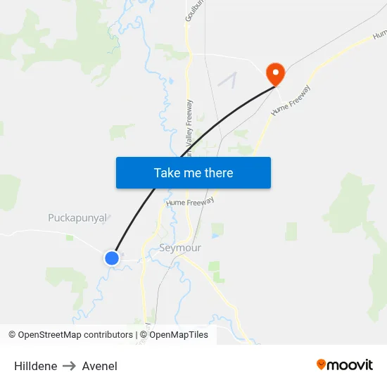 Hilldene to Avenel map