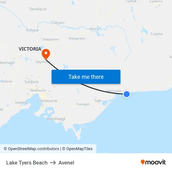 Lake Tyers Beach to Avenel map