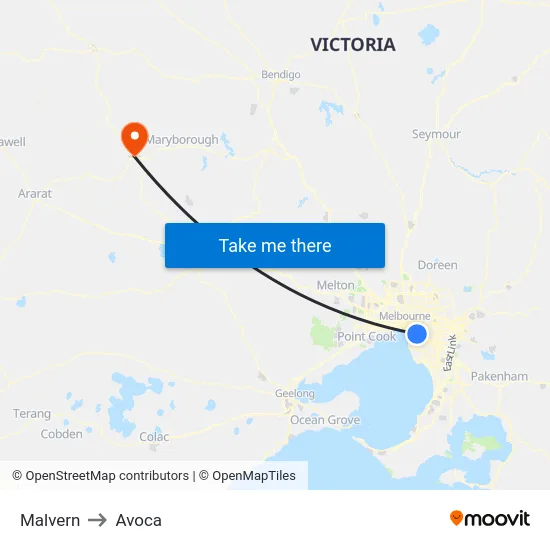 Malvern to Avoca map