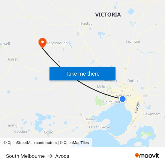 South Melbourne to Avoca map