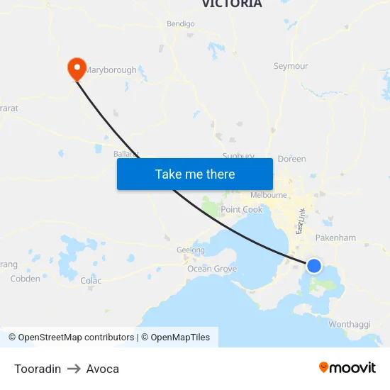 Tooradin to Avoca map