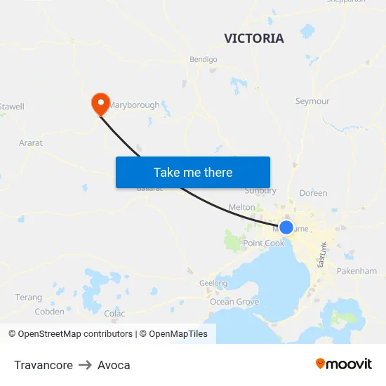 Travancore to Avoca map