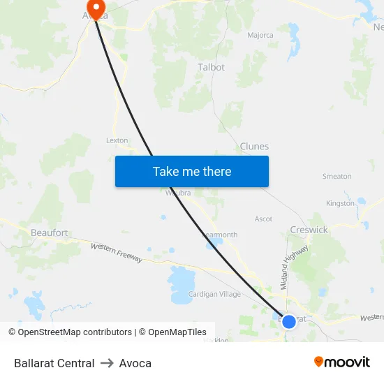 Ballarat Central to Avoca map