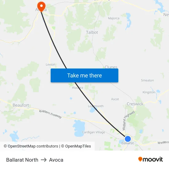 Ballarat North to Avoca map