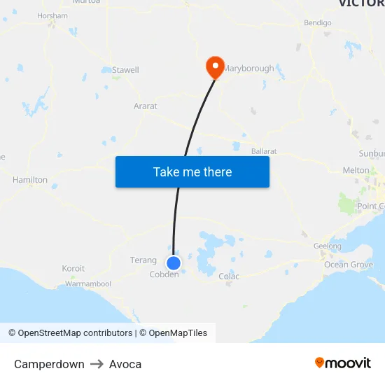 Camperdown to Avoca map