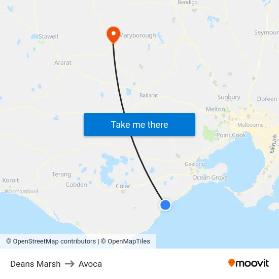 Deans Marsh to Avoca map