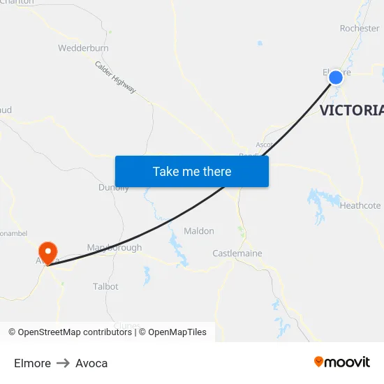 Elmore to Avoca map