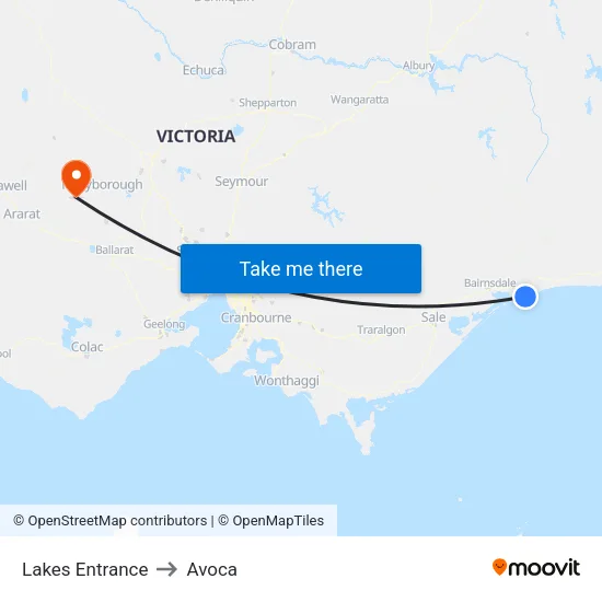 Lakes Entrance to Avoca map