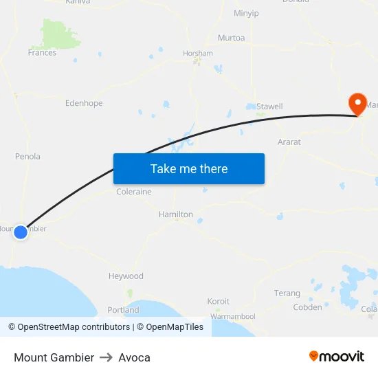 Mount Gambier to Avoca map