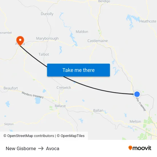 New Gisborne to Avoca map