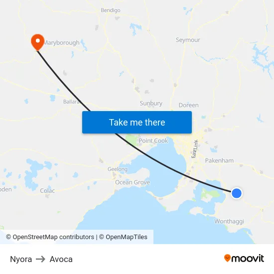Nyora to Avoca map