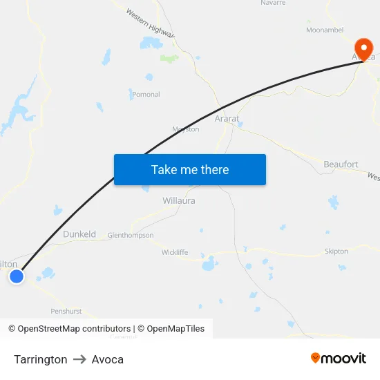 Tarrington to Avoca map