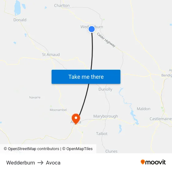 Wedderburn to Avoca map