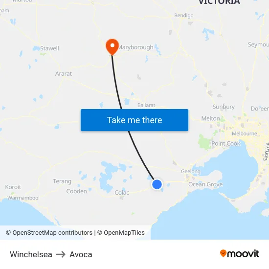 Winchelsea to Avoca map