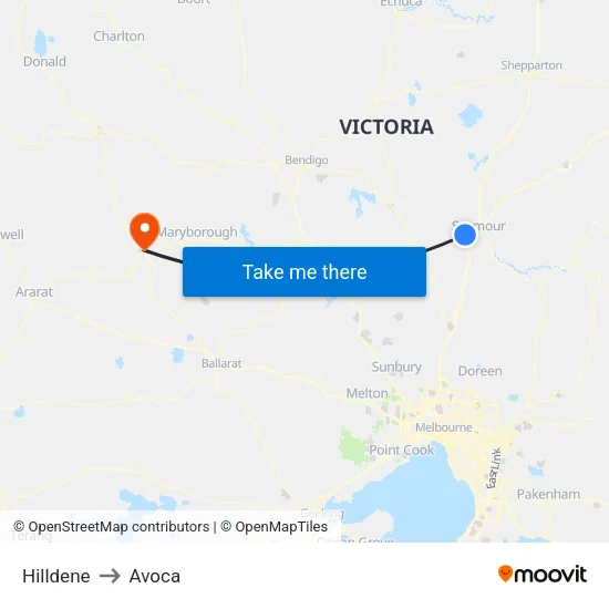 Hilldene to Avoca map
