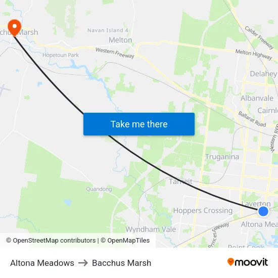 Altona Meadows to Bacchus Marsh map