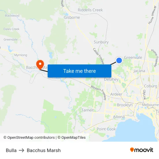 Bulla to Bacchus Marsh map