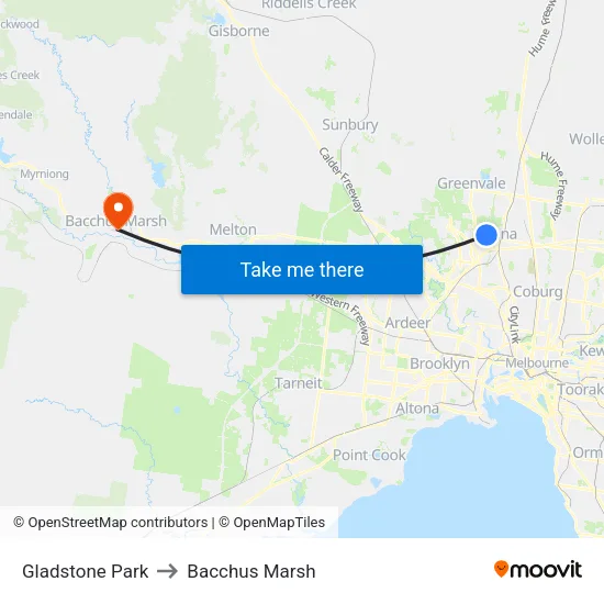 Gladstone Park to Bacchus Marsh map