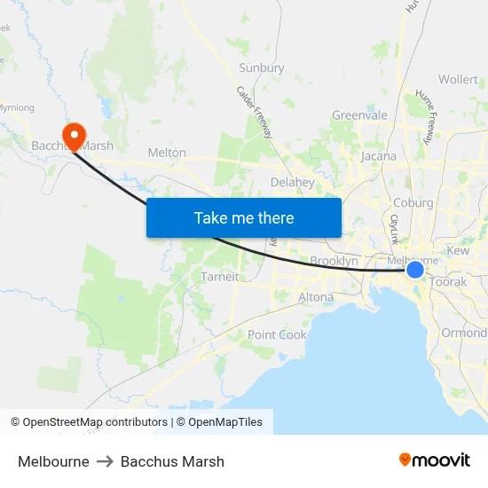 Melbourne to Bacchus Marsh map
