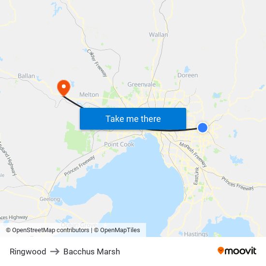 Ringwood to Bacchus Marsh map