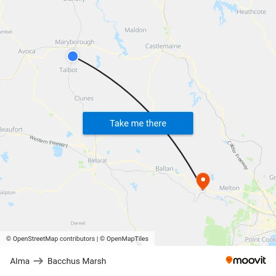 Alma to Bacchus Marsh map