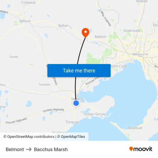 Belmont to Bacchus Marsh map