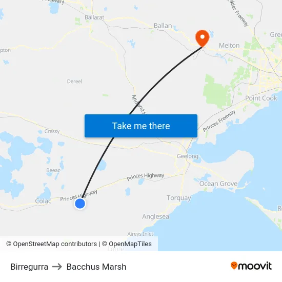 Birregurra to Bacchus Marsh map