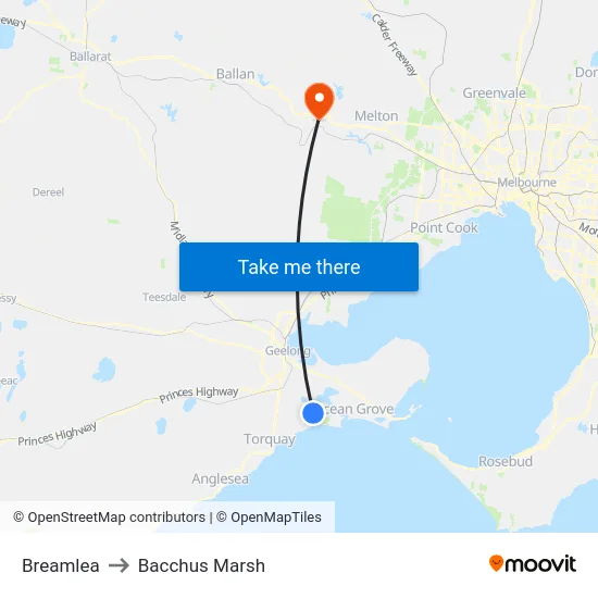 Breamlea to Bacchus Marsh map