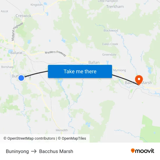Buninyong to Bacchus Marsh map