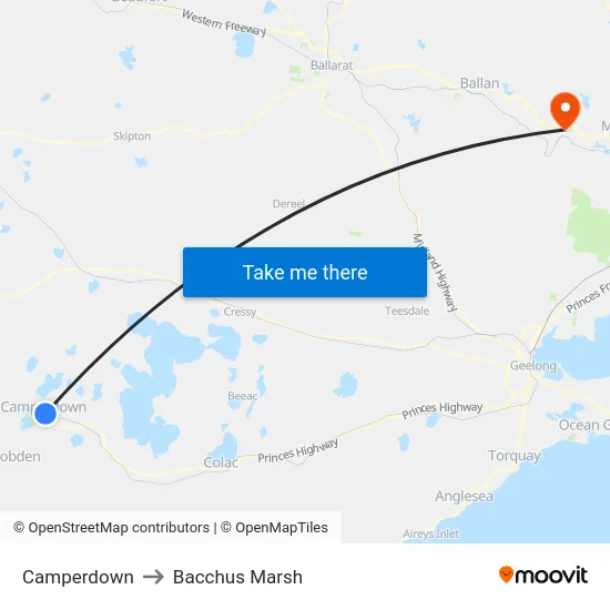 Camperdown to Bacchus Marsh map