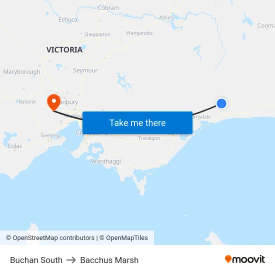 Buchan South to Bacchus Marsh map