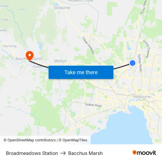 Broadmeadows Station to Bacchus Marsh map
