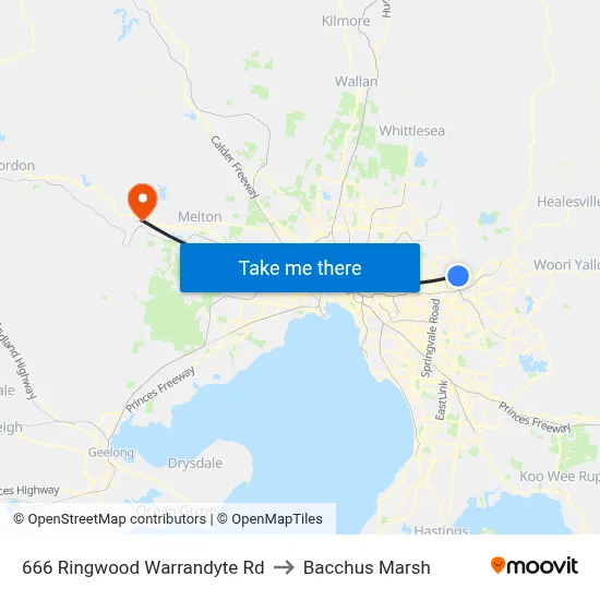 666 Ringwood Warrandyte Rd to Bacchus Marsh map