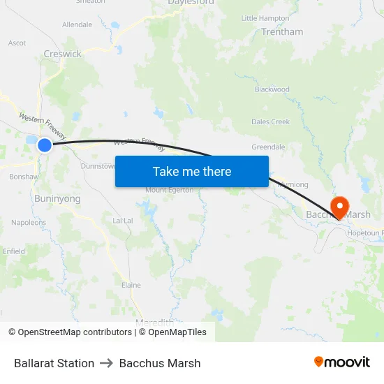 Ballarat Station to Bacchus Marsh map