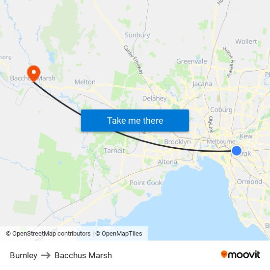 Burnley to Bacchus Marsh map