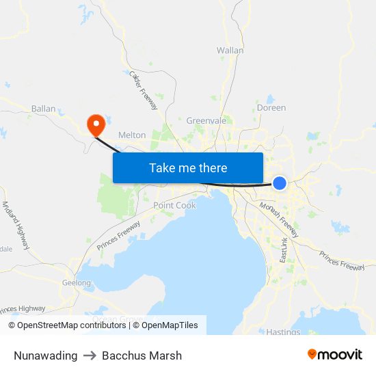 Nunawading to Bacchus Marsh map