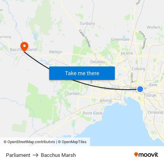 Parliament to Bacchus Marsh map