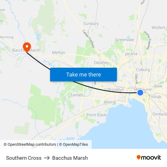 Southern Cross to Bacchus Marsh map