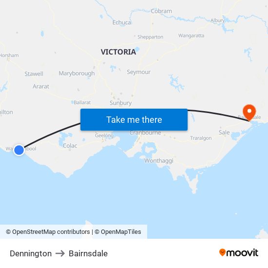 Dennington to Bairnsdale map