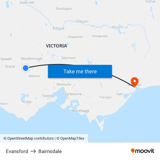 Evansford to Bairnsdale map