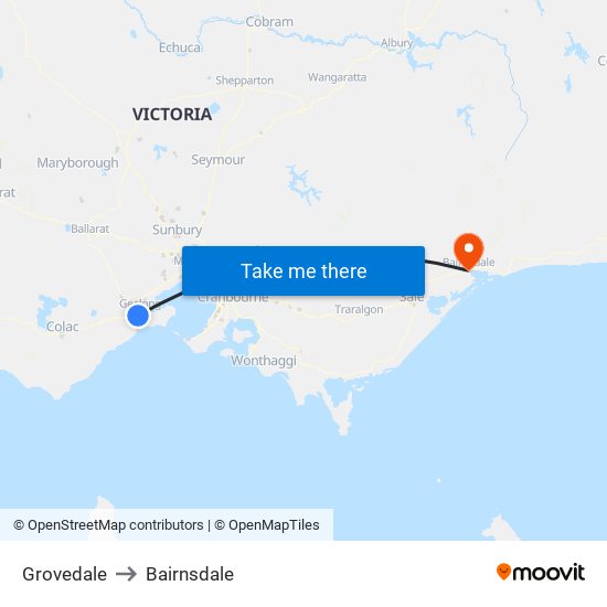 Grovedale to Bairnsdale map