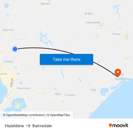 Hazeldene to Bairnsdale map