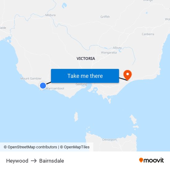 Heywood to Bairnsdale map