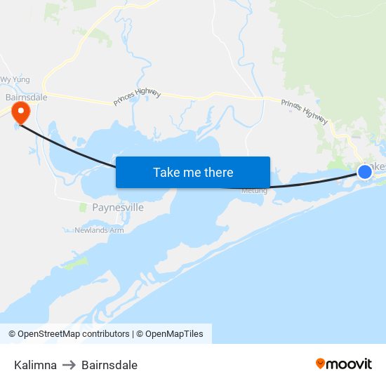 Kalimna to Bairnsdale map