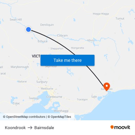 Koondrook to Bairnsdale map