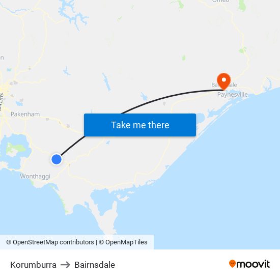 Korumburra to Bairnsdale map