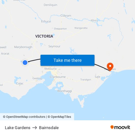 Lake Gardens to Bairnsdale map