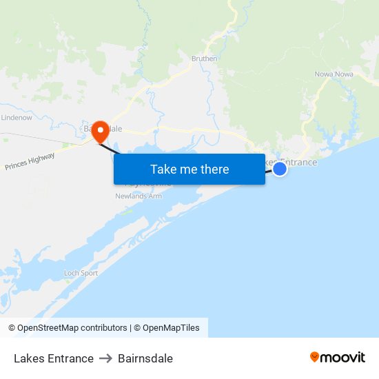 Lakes Entrance to Bairnsdale map